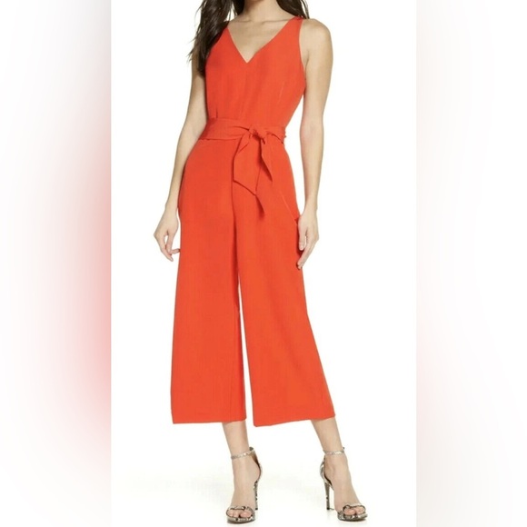 Sam Edelman Womens Sleeveless V Neck Wide Leg Crop Jumpsuit Coral Punch Size 8 - Picture 1 of 7
